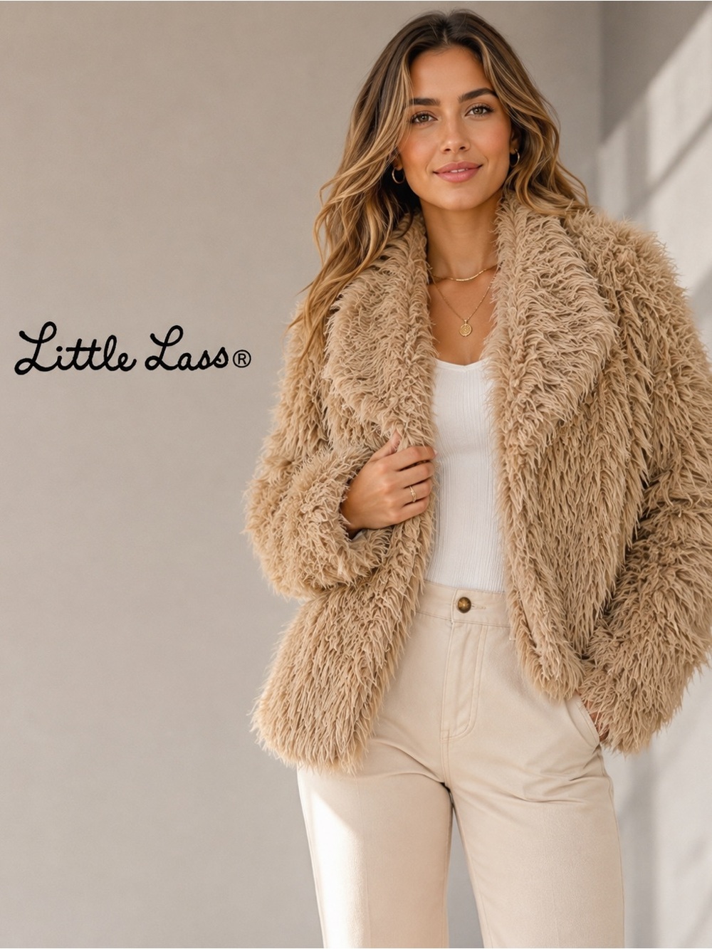 Little Lass Beige Shag Faux Fur Teddy Jacket